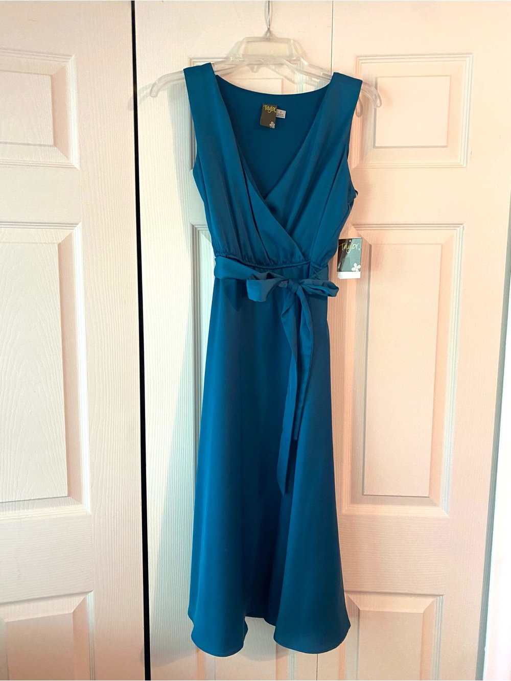 Taylor Teal Sleeveless Wrap Midi Dress with Waist Tie